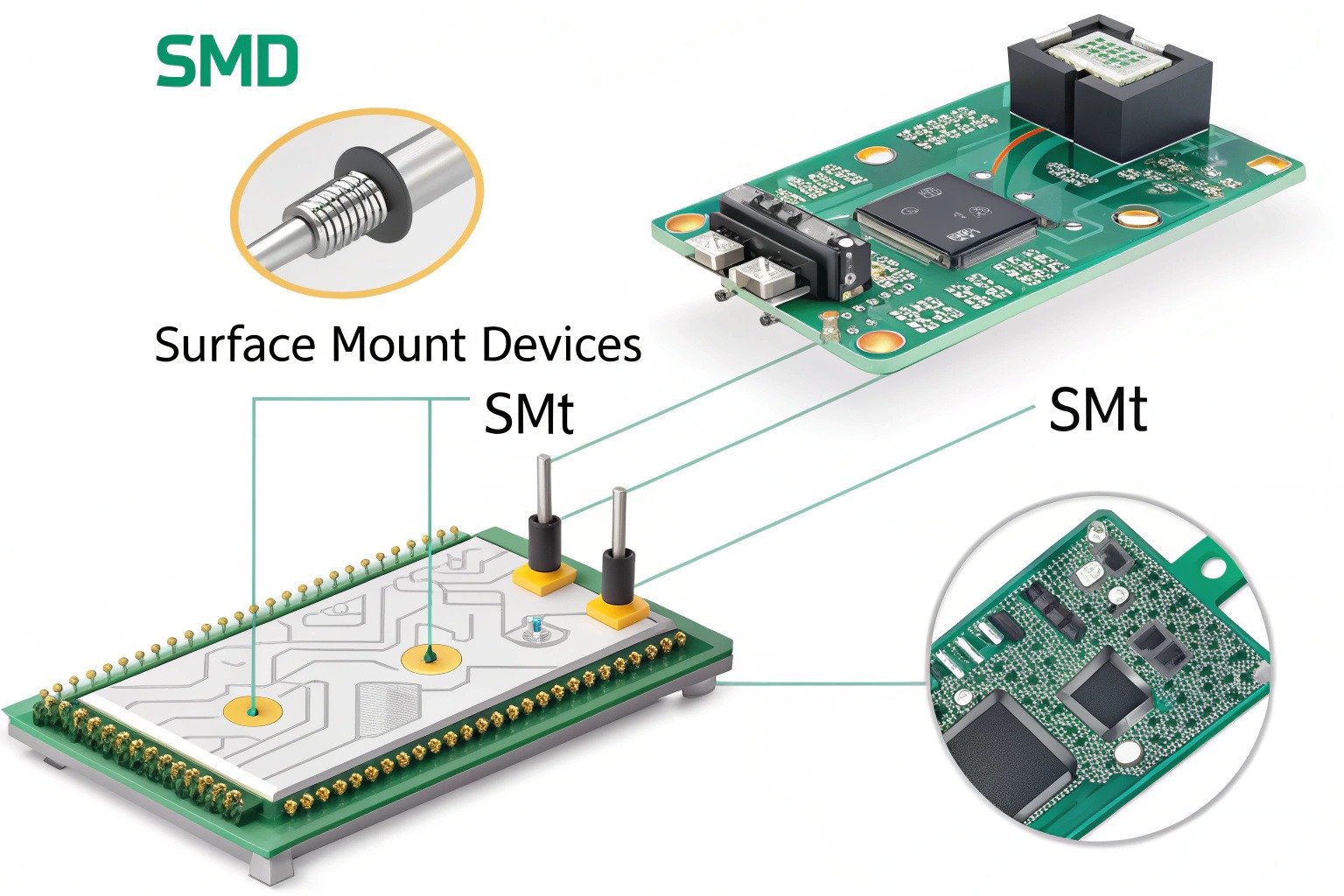 SMD components mounted on PCB using SMT: automated placement and reflow soldering for smaller, faster, and more reliable circuit board assemblies.
