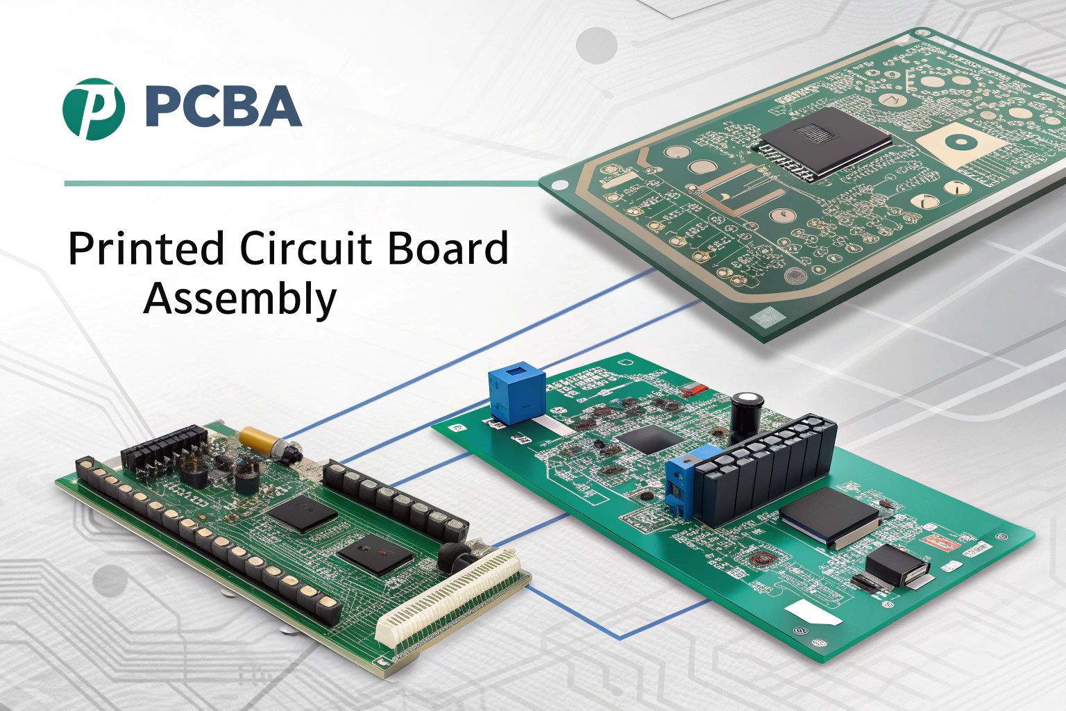 Various types of printed circuit boards used in PCBA, including single-layer and multi-layer designs.