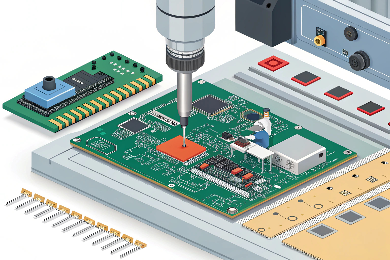 PCBA process showing components being placed and soldered onto a circuit board.