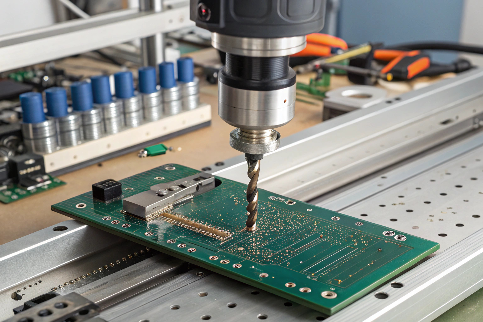 High-speed PCBA drilling machine creating vias and through-holes on a circuit board.