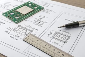PCB fab drawing with drill holes and stack-up info