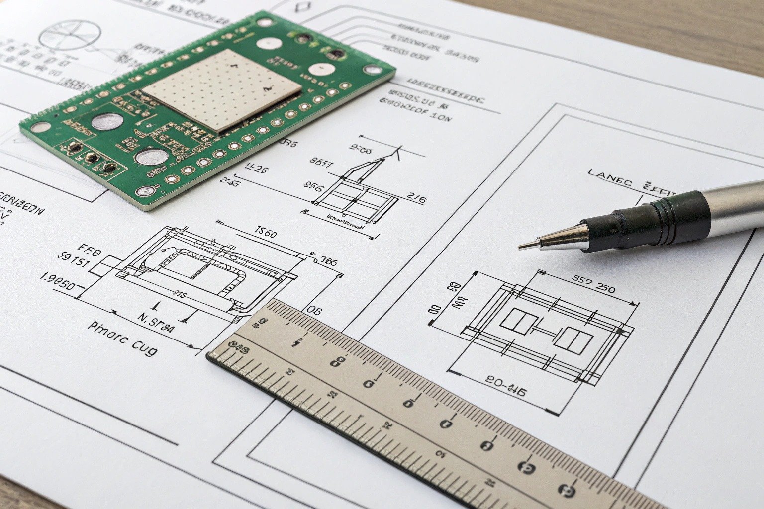 PCB fab drawing with drill holes and stack-up info