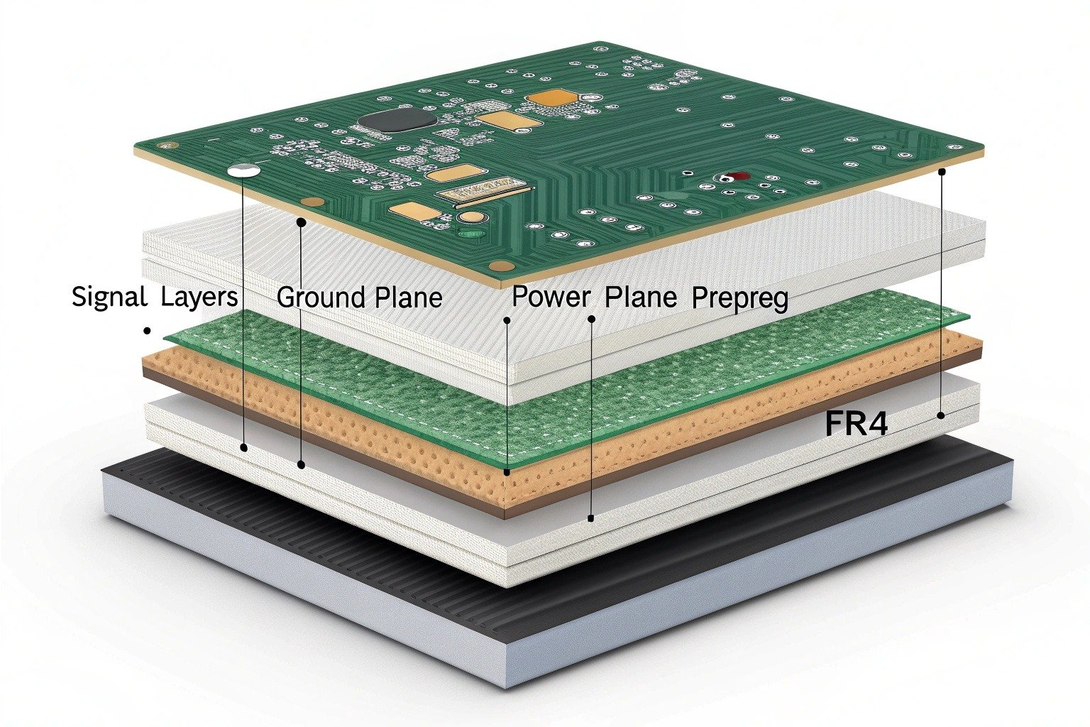 Cross-section diagram of PCB layer stack-up with material and thickness details