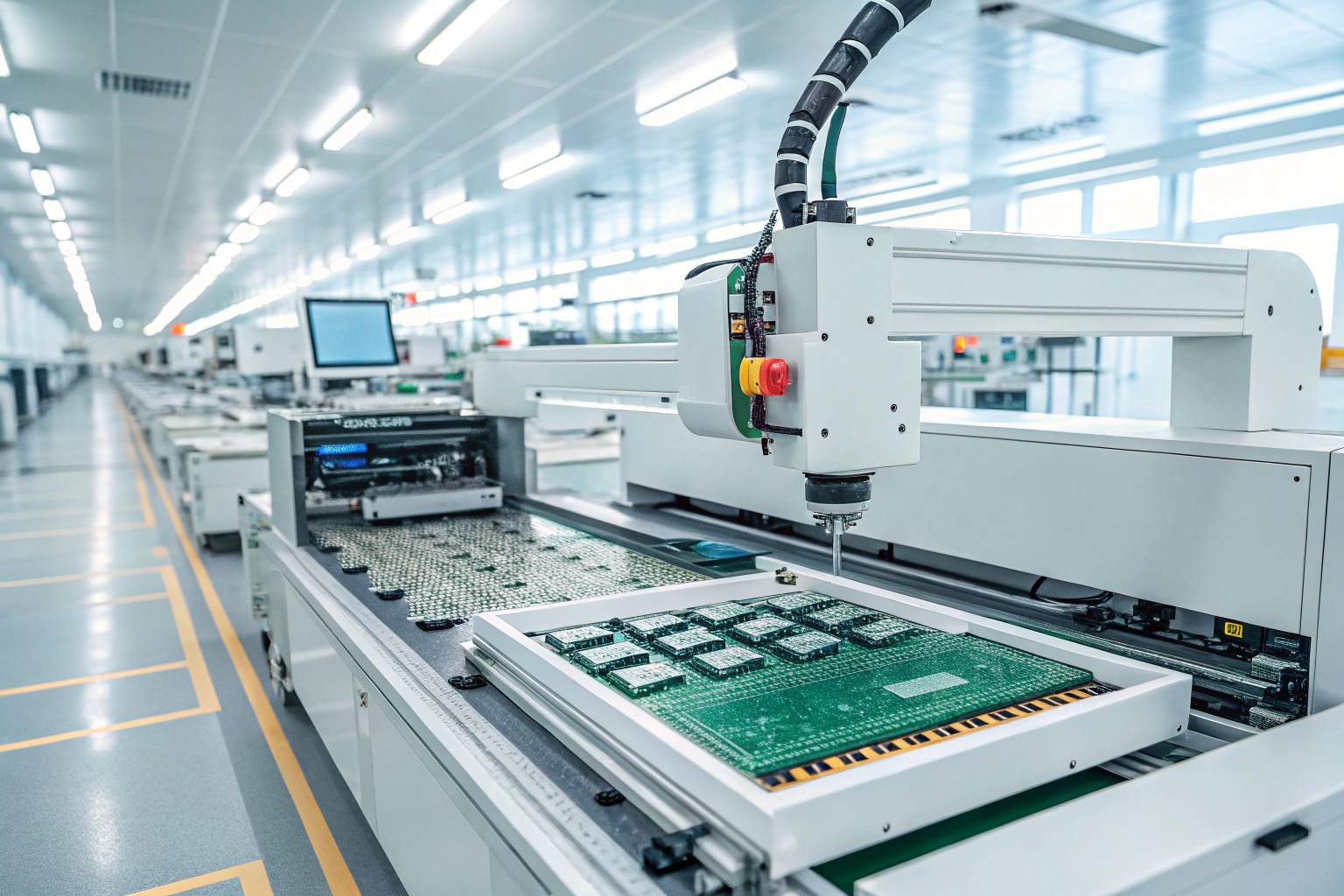SMT production line with automatic pick-and-place machine installing components on PCB