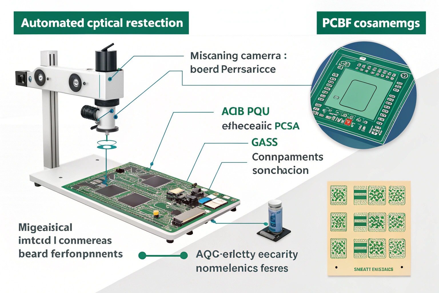 Automated Optical Inspection (AOI) in PCB assembly: high-resolution cameras scanning for missing components, misalignments, and incorrect polarity, with limitations in detecting issues beneath components like BGAs.