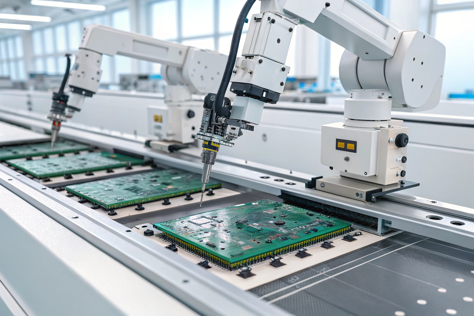 Automated SMT line placing small surface-mount components densely on a PCB without drilled holes
