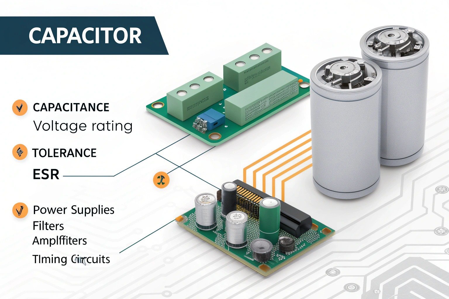 Capacitor working principle: two conductive plates with a dielectric, storing and releasing electrical energy, with key specifications including capacitance, voltage rating, tolerance, and ESR.