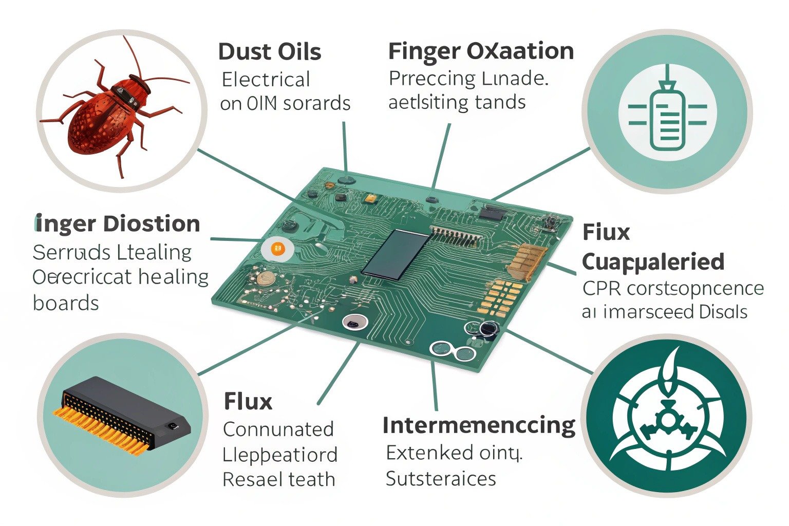 Contaminants on circuit boards: dust, oxidation, flux residue, and spills causing electrical leakage and overheating. Regular cleaning extends lifespan and restores performance.