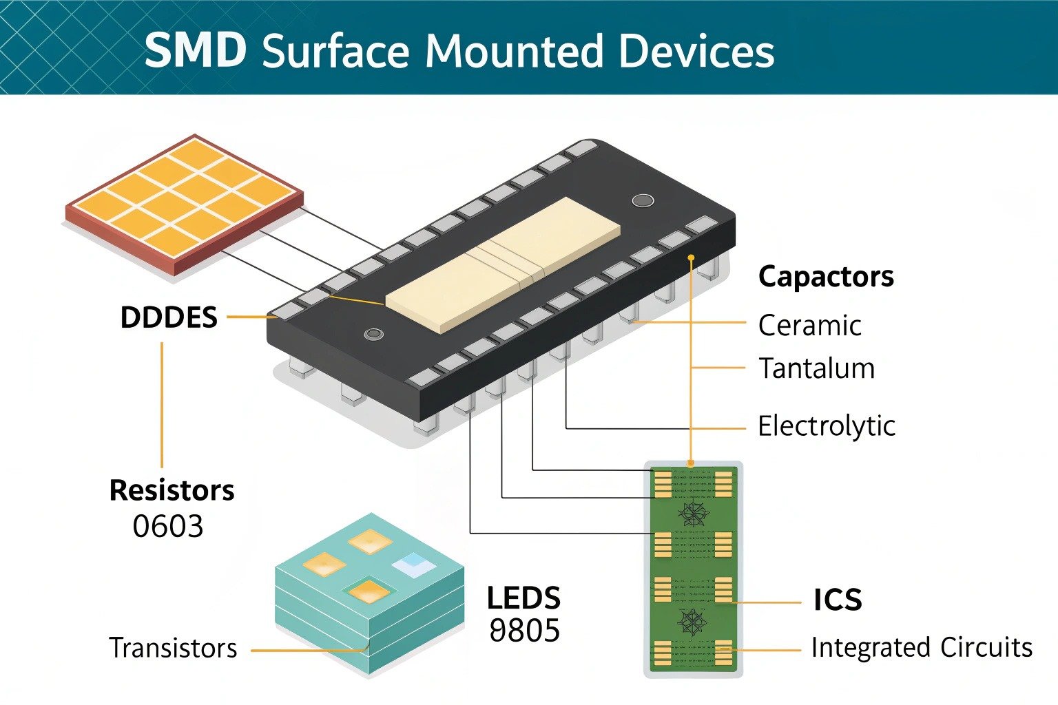 Common types of SMD components: resistors, capacitors, diodes, LEDs, transistors, ICs, inductors, and crystals, showing their applications in modern PCBA.