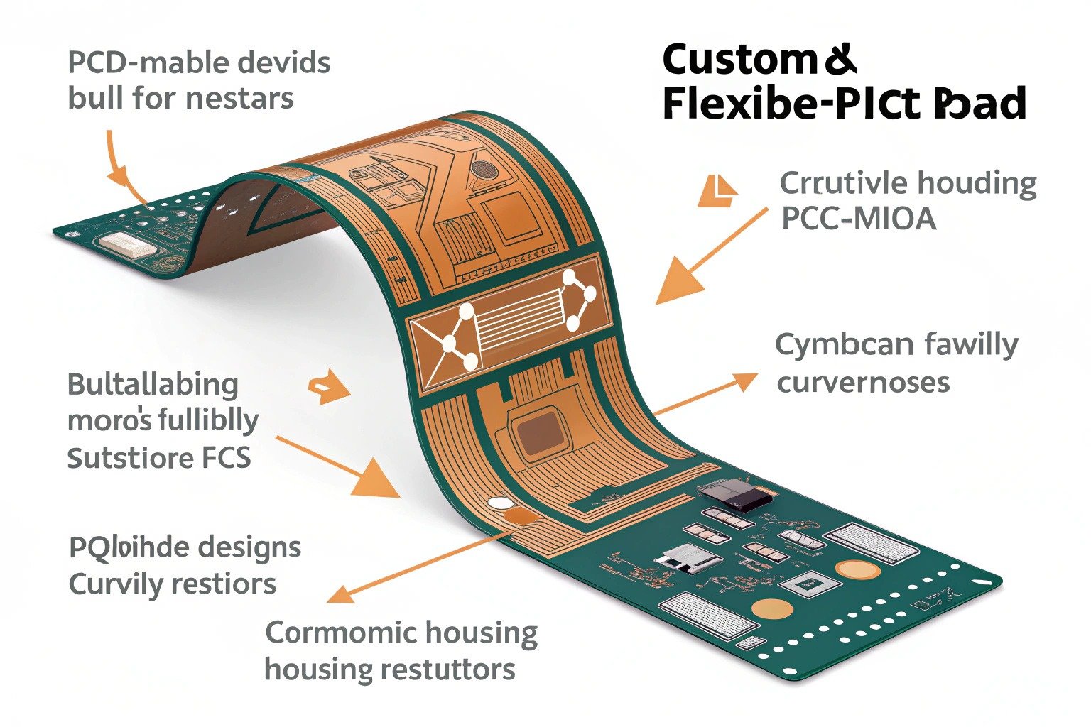 Custom flexible PCBA: assembled on a flexible polyimide base, bending and folding to fit curved surfaces, with fully mounted components tailored for specific device shapes and needs.