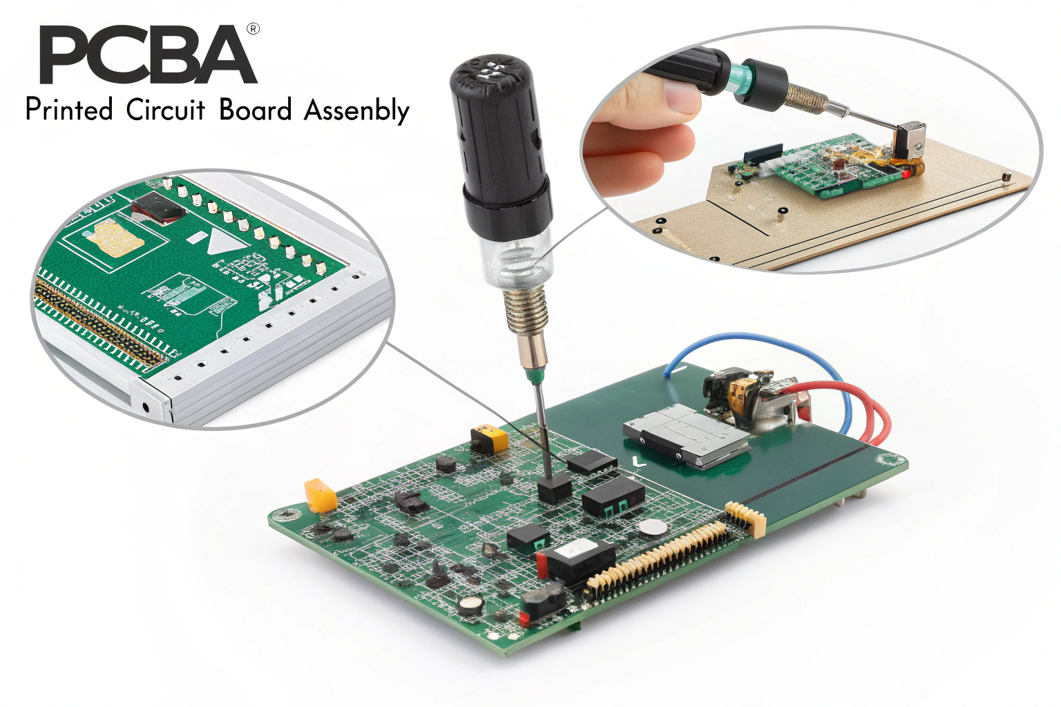 Electronic components being mounted and soldered onto a blank PCB during PCBA assembly.