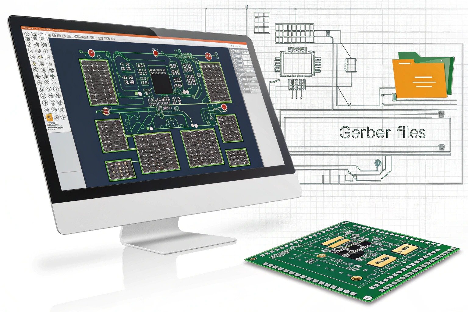PCB layout being designed in EDA software with Gerber files prepared for prototype board manufacturing
