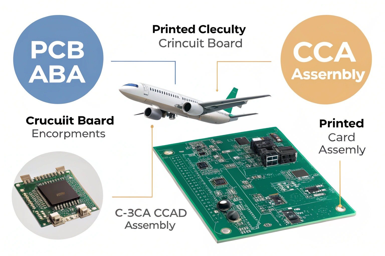 Comparison of PCB, PCBA, and CCA: PCB as a bare board, PCBA as a fully assembled PCB, and CCA as a complete functional assembly used in aerospace and government contracts.