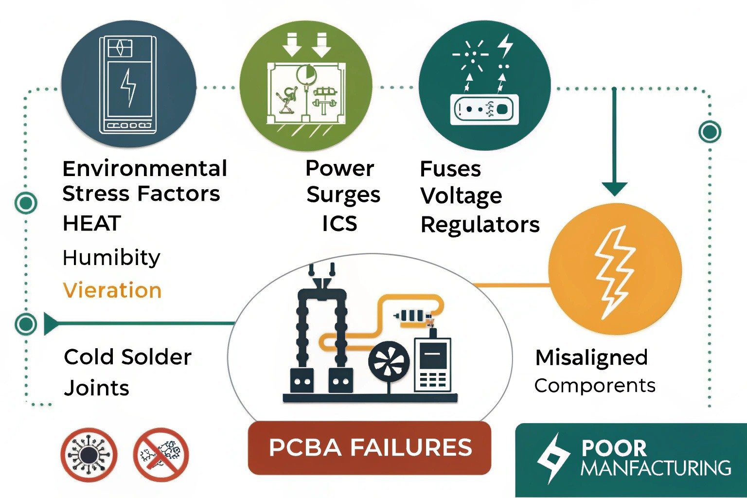 Infographic showing various sources of PCBA failure: environmental stress, power surges, and manufacturing defects
