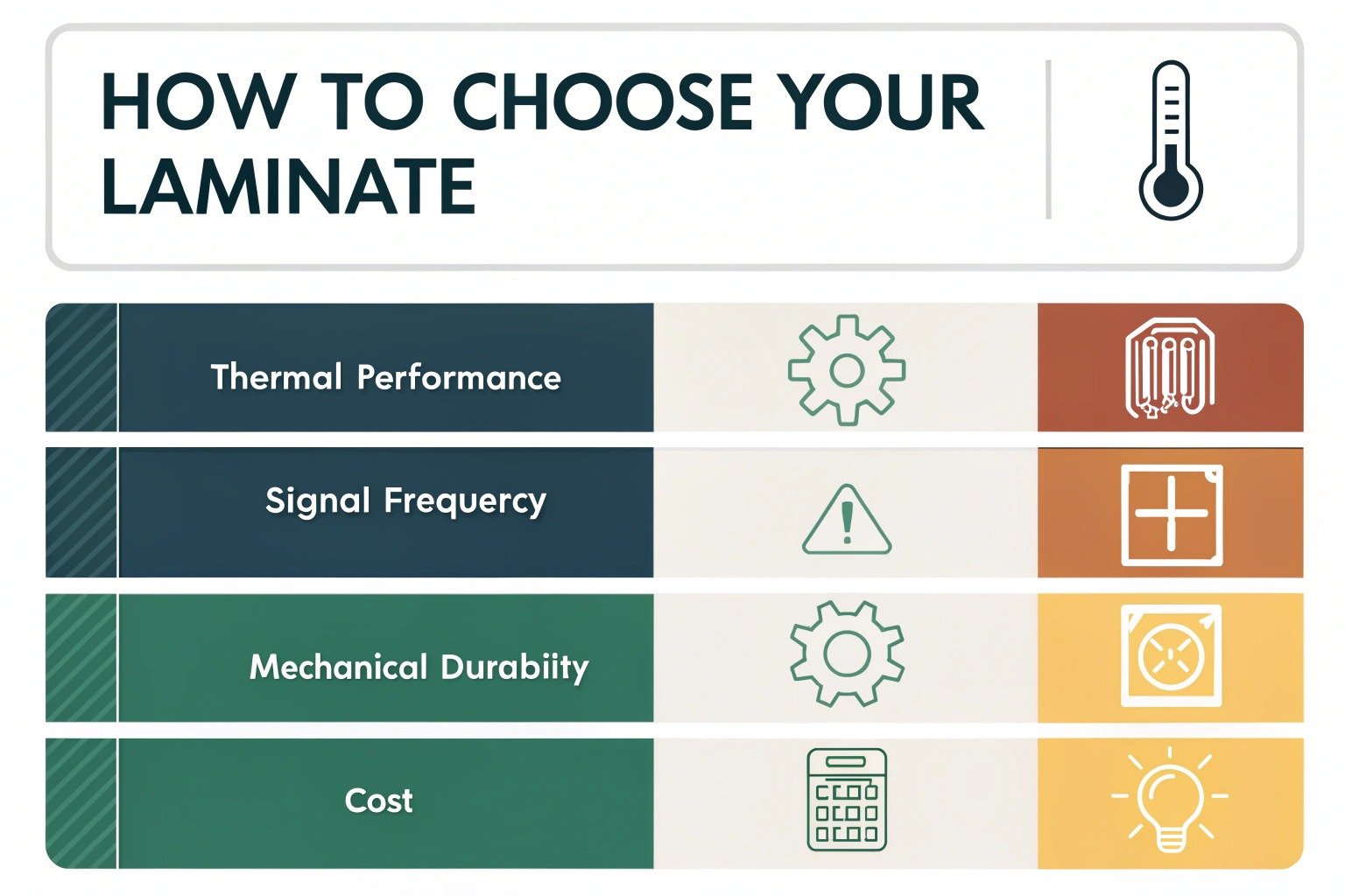 Infographic showing key factors for choosing PCBA laminate: thermal needs, signal frequency, mechanical stress, and cost
