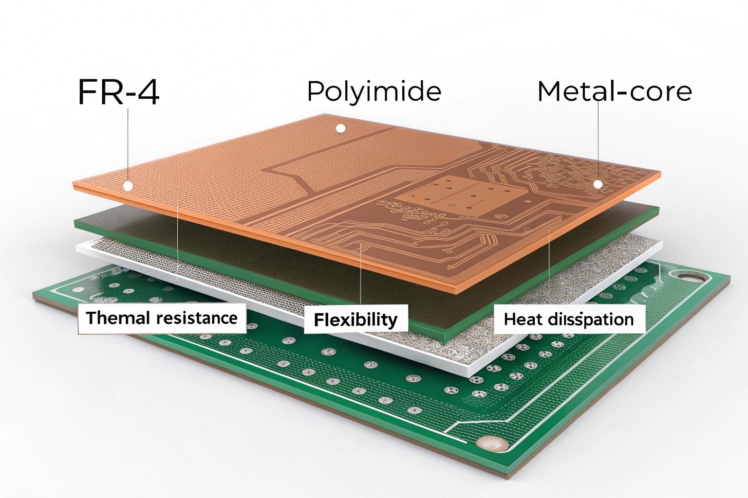Comparison of PCBA laminate types including FR-4, polyimide, and metal-core showing their structure and properties
