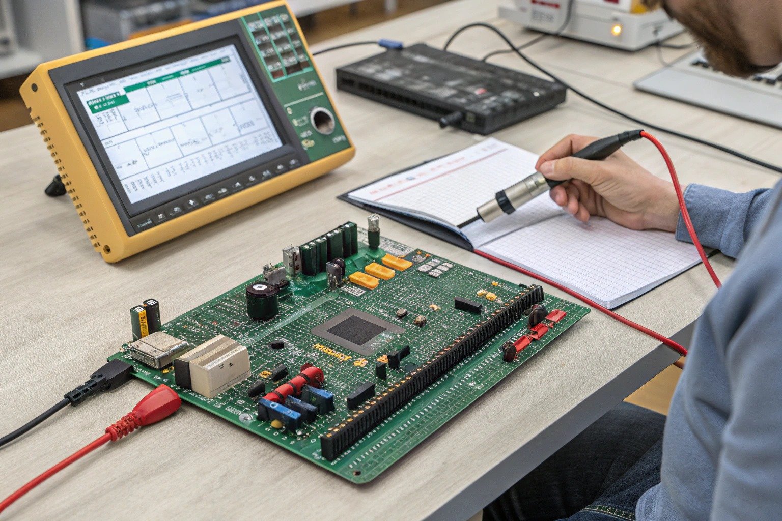 Engineer testing a fully assembled PCBA prototype board during product development in electronics lab