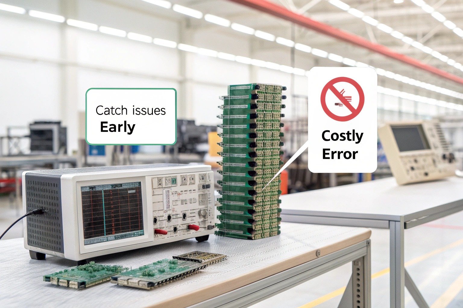 Concept image comparing low-cost PCBA prototypes for early testing versus large-scale production risk and cost