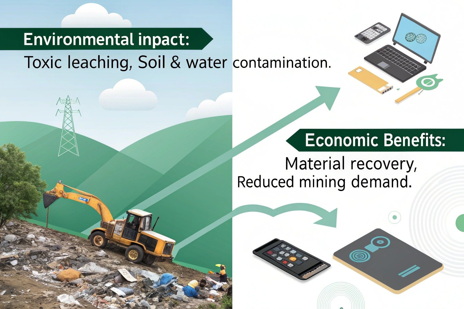 Infographic showing the environmental and economic benefits of PCBA recycling: reducing e-waste and recovering valuable materials
