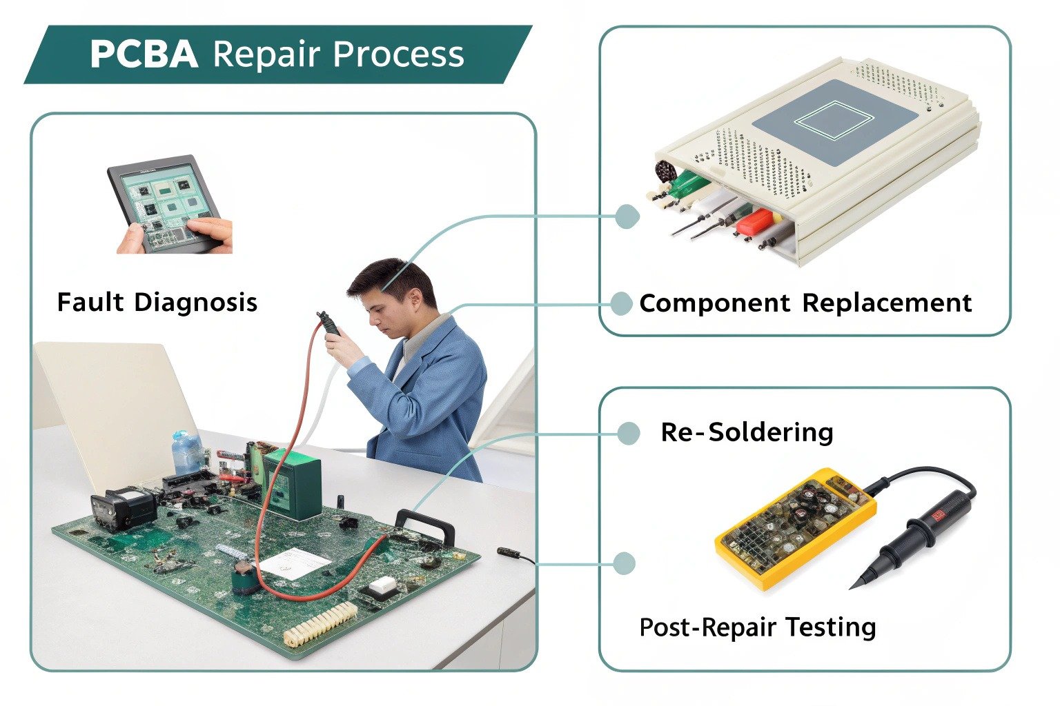 Step-by-step illustration of the PCBA repair process: diagnosing faults, replacing components, and testing the board
