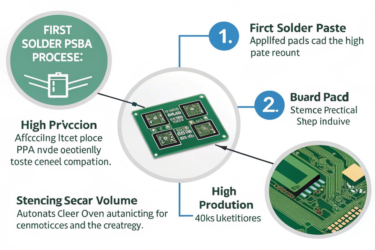 PCBA process: solder paste application using a stencil, pick-and-place machines mounting components, and reflow soldering to permanently connect components to the board in high-volume automated production.