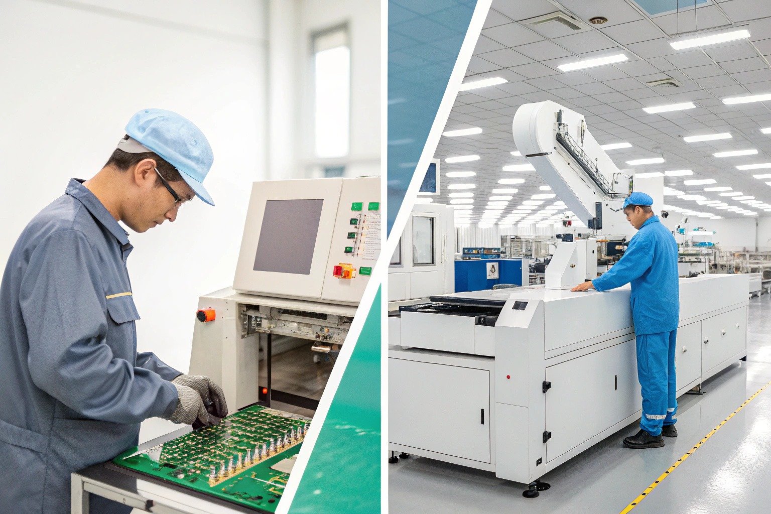 Side-by-side comparison of manual PCBA assembly and automated PCBAA process in electronics manufacturing
