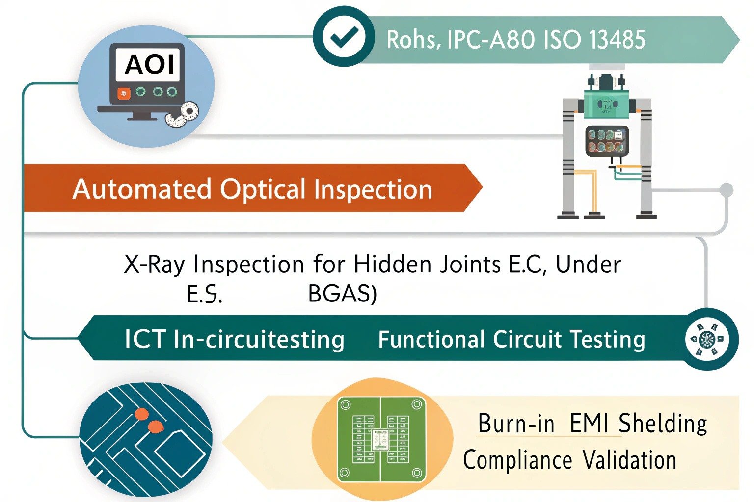 PCBAA inspection and testing processes: AOI for detecting misalignments and solder defects, X-ray for hidden joints, ICT for electrical connectivity, FCT for functional testing, and additional testing for burn-in, EMI shielding, and compliance validation.