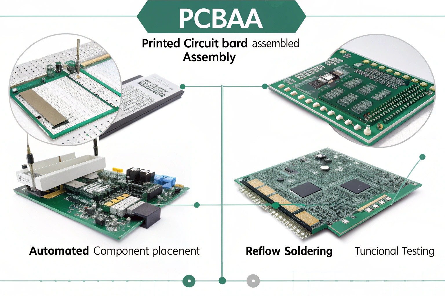 PCBAA process: placing, soldering, and testing components on a PCB to create a fully functional electronic module, including key steps like automated placement, reflow soldering, and functional testing.