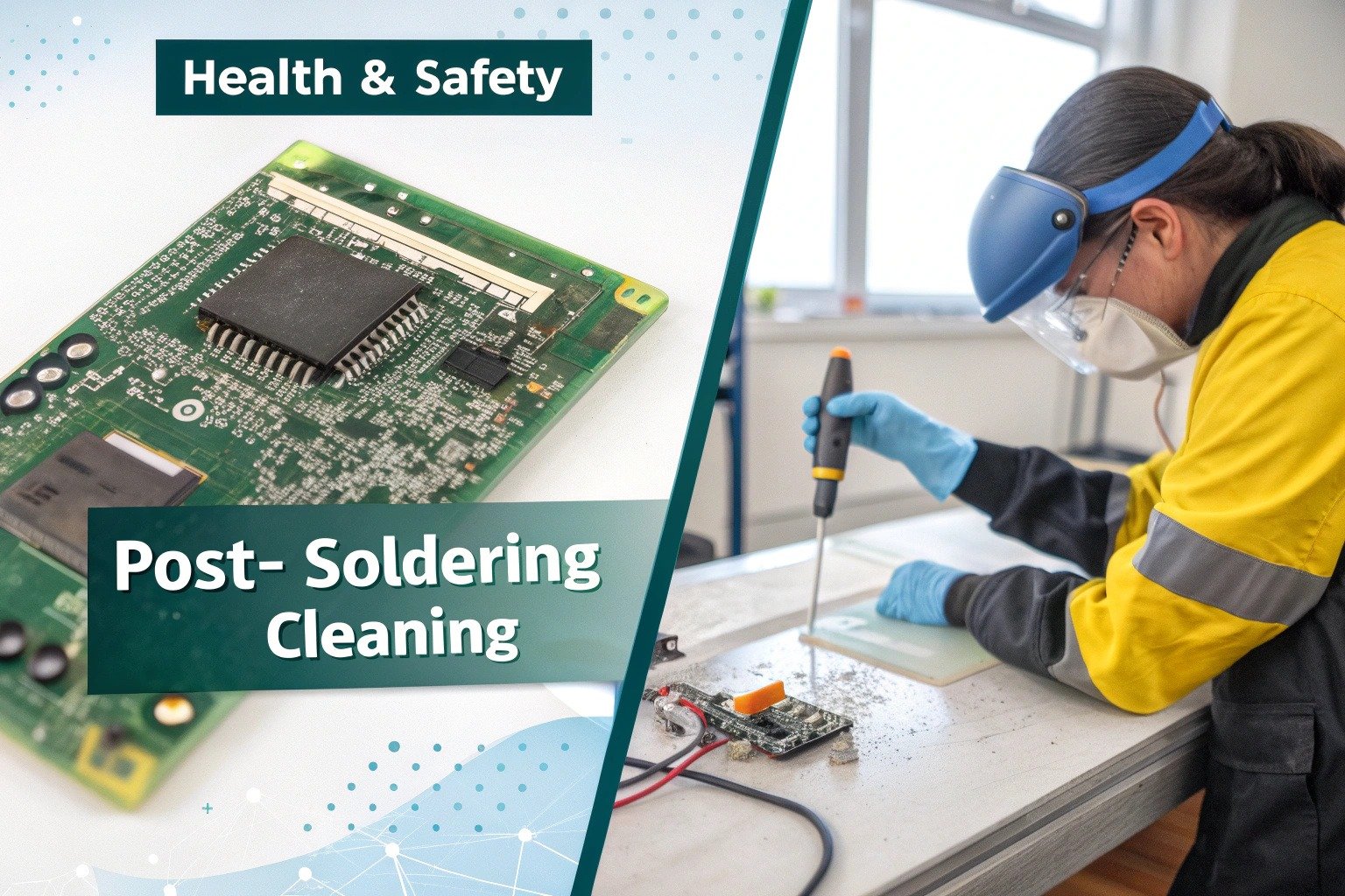 Illustration showing post-soldering flux cleaning methods and safety precautions with a fume extractor and well-ventilated soldering area
