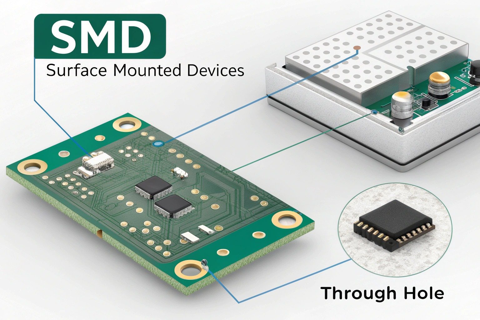 SMD (Surface Mounted Devices) mounted directly on PCB surface: flat contacts or short pins replacing traditional through-hole components, enabling smaller and more efficient designs for modern electronics.