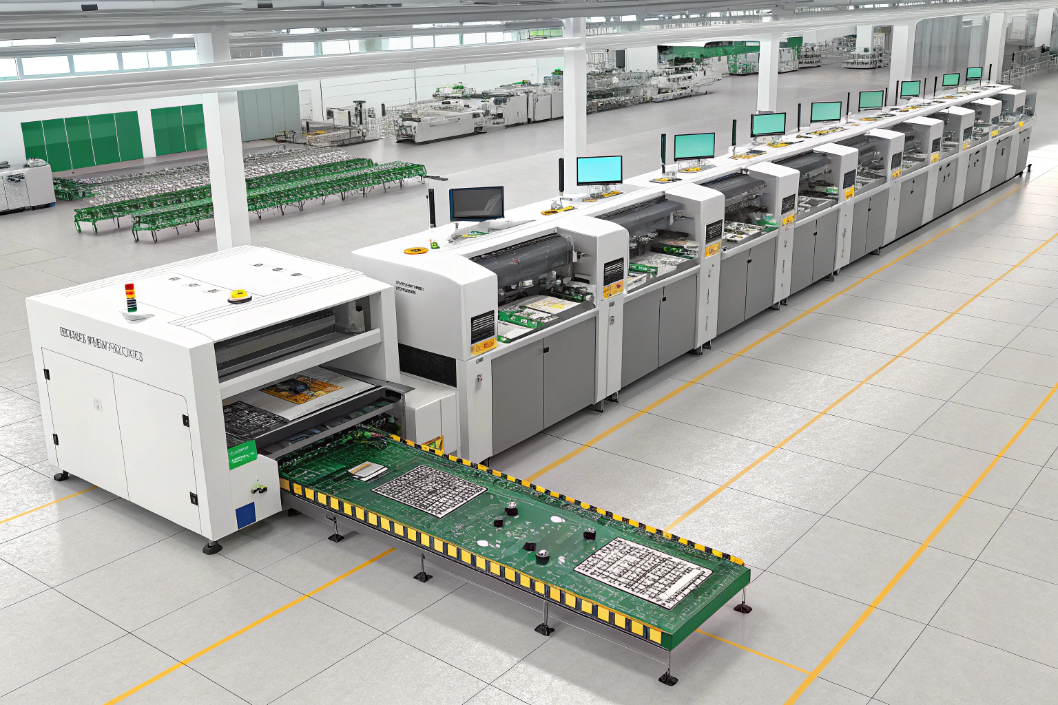Full SMT assembly line showing solder paste printing, pick-and-place, reflow soldering, and inspection