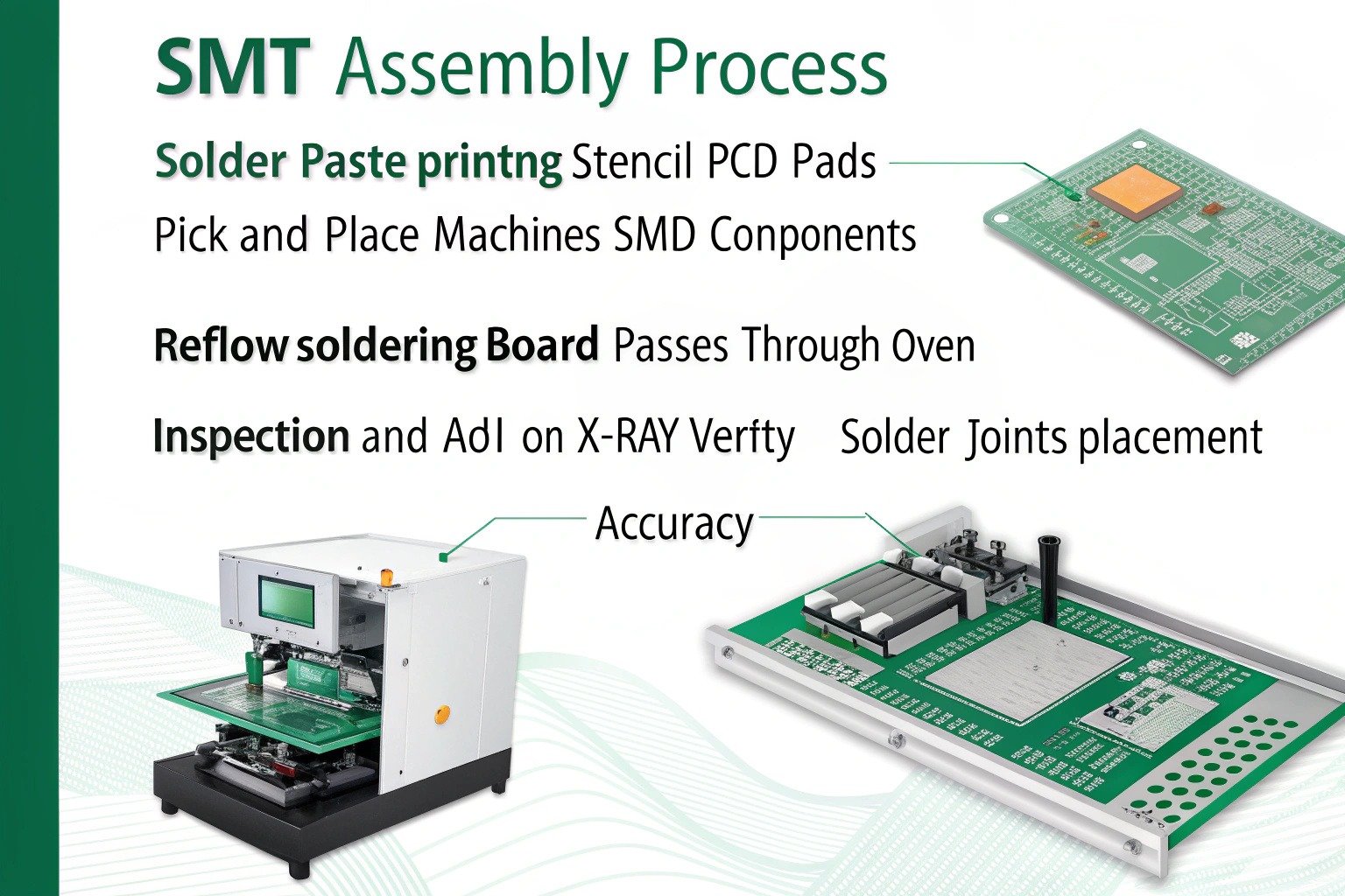 SMT assembly process: solder paste printing, pick-and-place component mounting, reflow soldering, and AOI/X-ray inspection to ensure accurate and reliable PCB assembly.