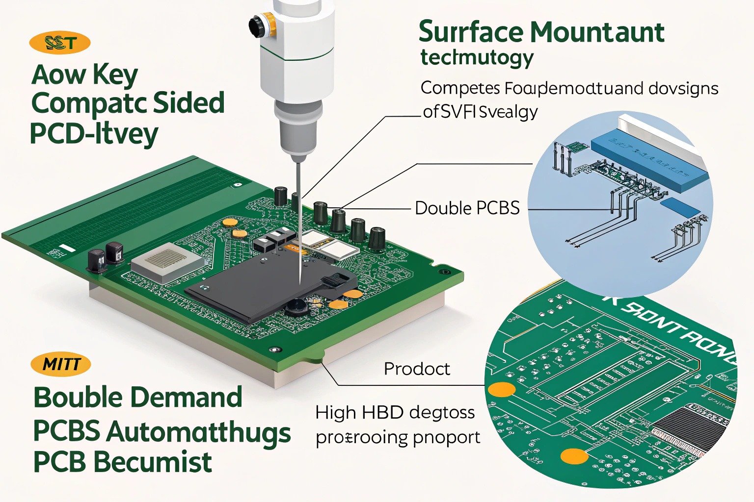 Surface Mount Technology (SMT) in PCB assembly: components mounted directly on the PCB surface for compact designs, high-density double-sided PCBs, and automated mass production.