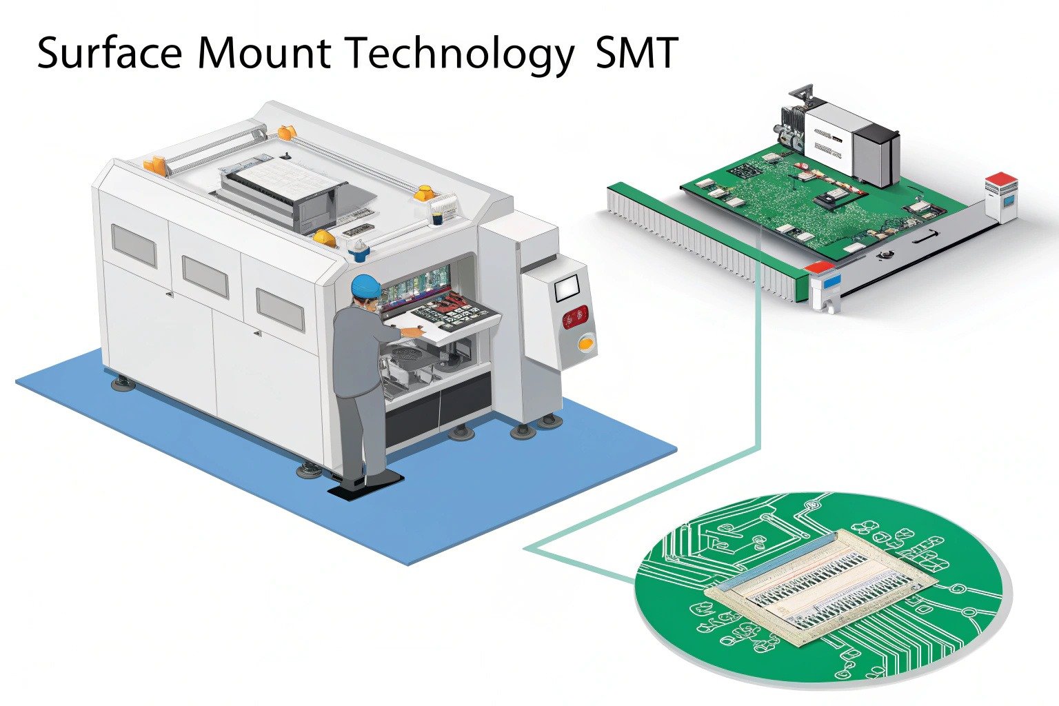 Surface Mount Technology (SMT) assembly process for PCB: components mounted on PCB surface, SMT machines in action, and automated production lines.