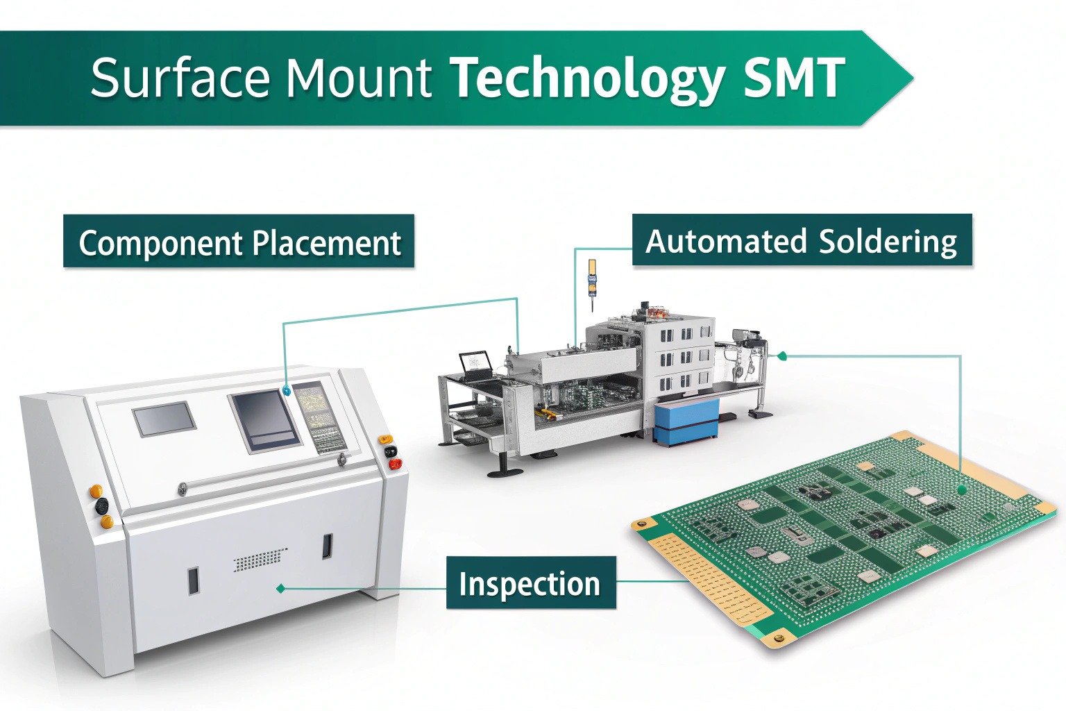 Surface Mount Technology (SMT) process for PCB manufacturing: components placed on PCB, SMT machines in action, and automated production lines for electronics.