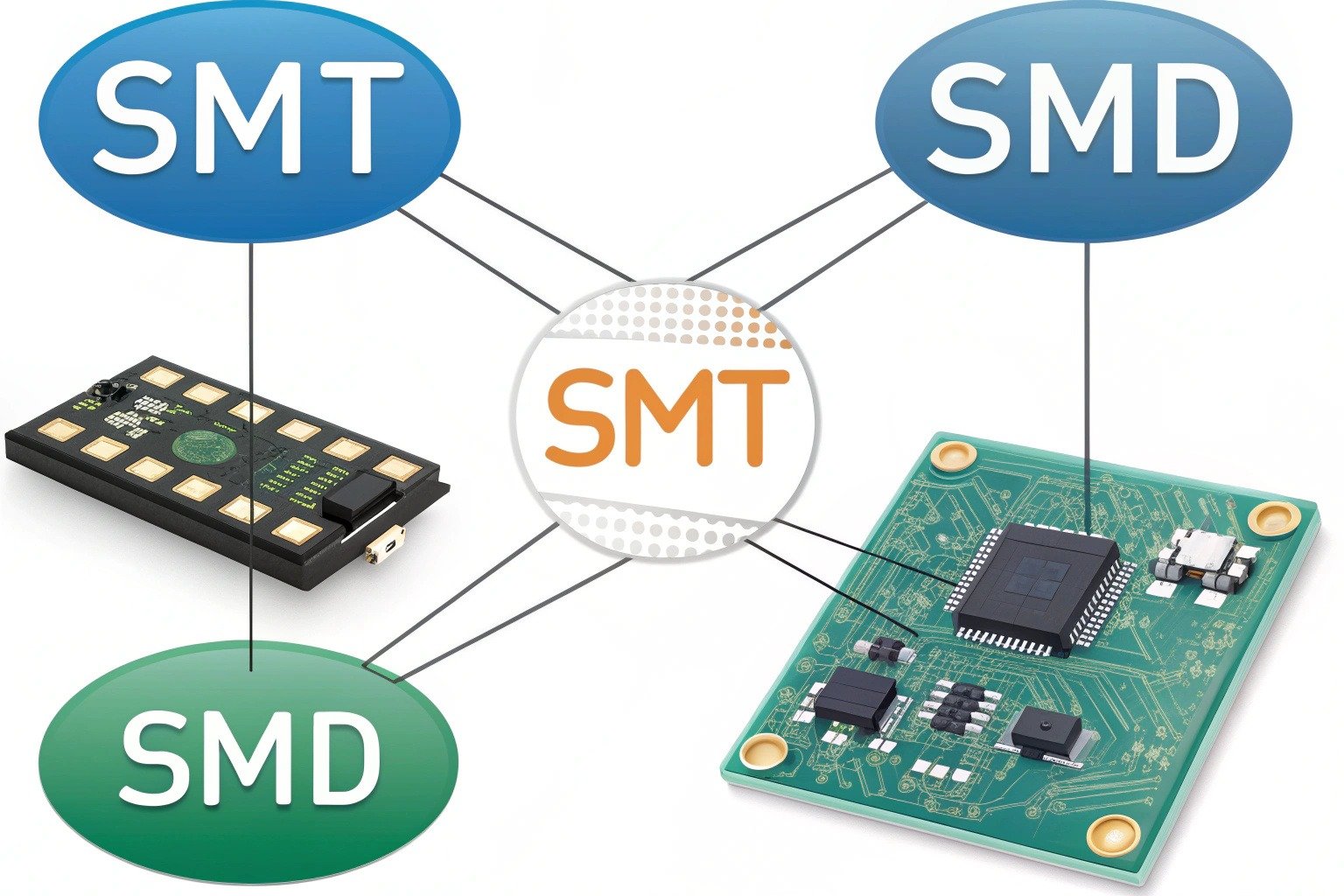 SMT vs SMD: SMT process used to mount SMD components like resistors, capacitors, and ICs onto a PCB in modern electronics manufacturing.