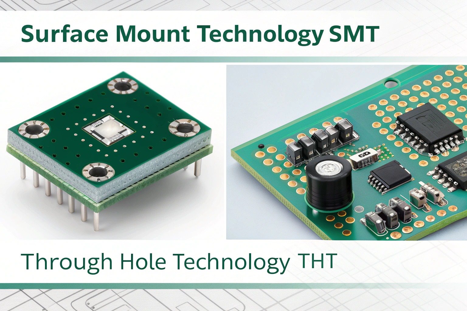 SMT vs THT PCB assembly methods: Surface Mount Technology (SMT) with components mounted on the surface and Through-Hole Technology (THT) with leads inserted through drilled holes.