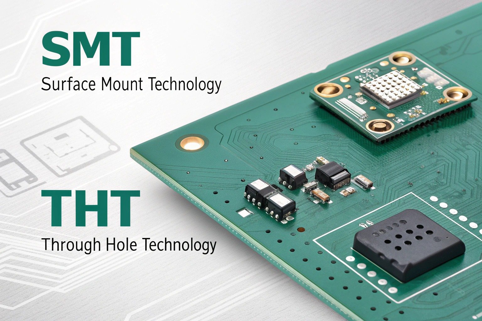 Comparison of SMT (Surface Mount Technology) and THT (Through-Hole Technology) in PCB assembly: components mounted on the surface (SMT) vs. leads inserted through drilled holes (THT), highlighting their advantages.