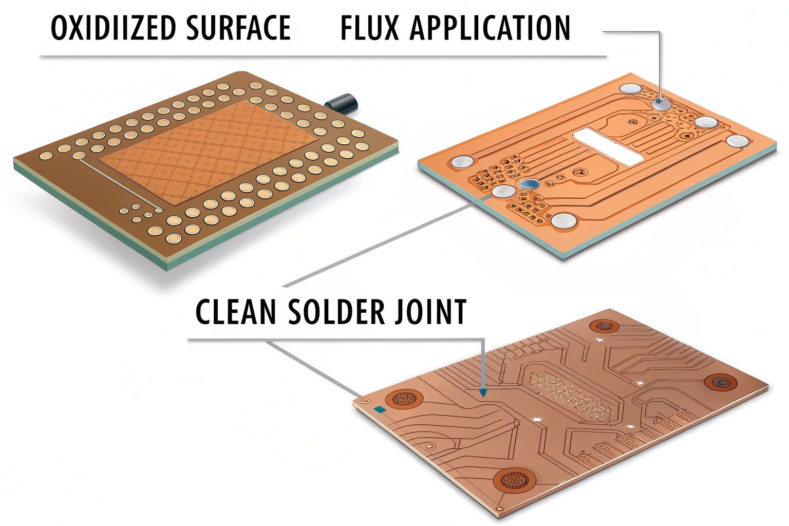 Step-by-step diagram showing the role of solder flux in cleaning oxidation and ensuring a smooth solder joint in electronics soldering