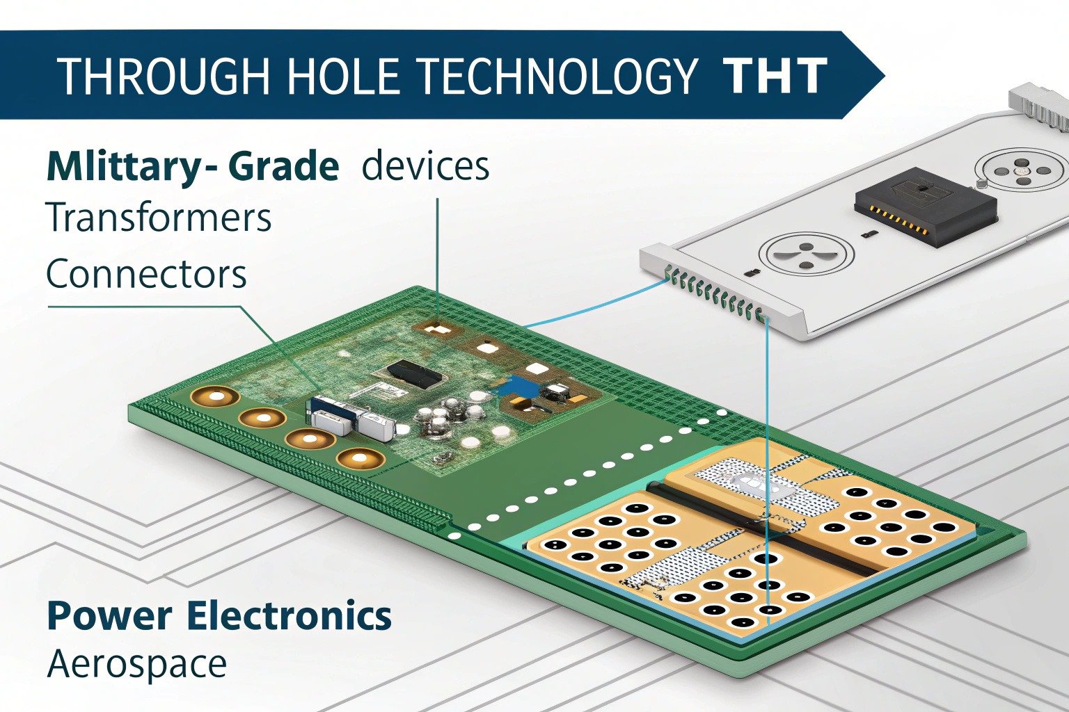 Through-Hole Technology (THT) in PCB assembly: components with leads inserted through pre-drilled holes and soldered, commonly used in power electronics, aerospace, and high-stress environments.