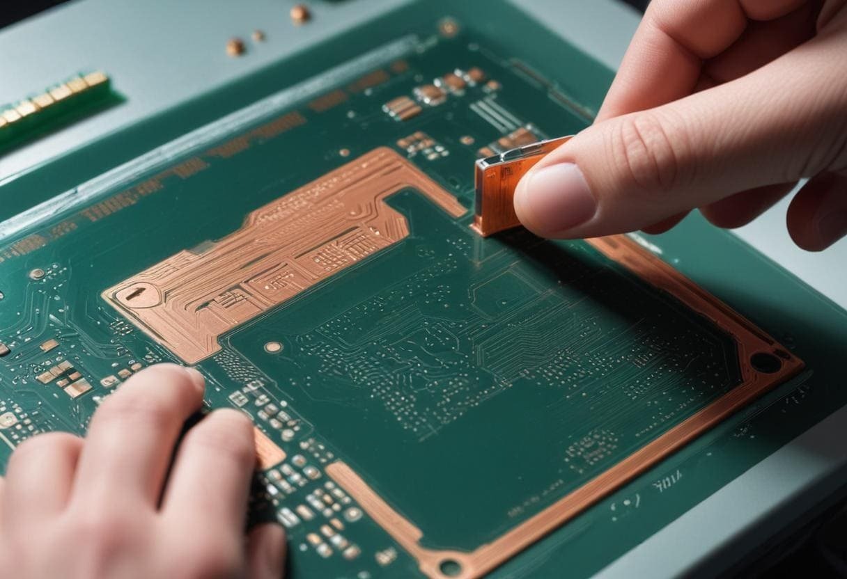 Depiction of the PCB final etching process where unwanted copper is chemically removed to reveal the desired circuit patterns.