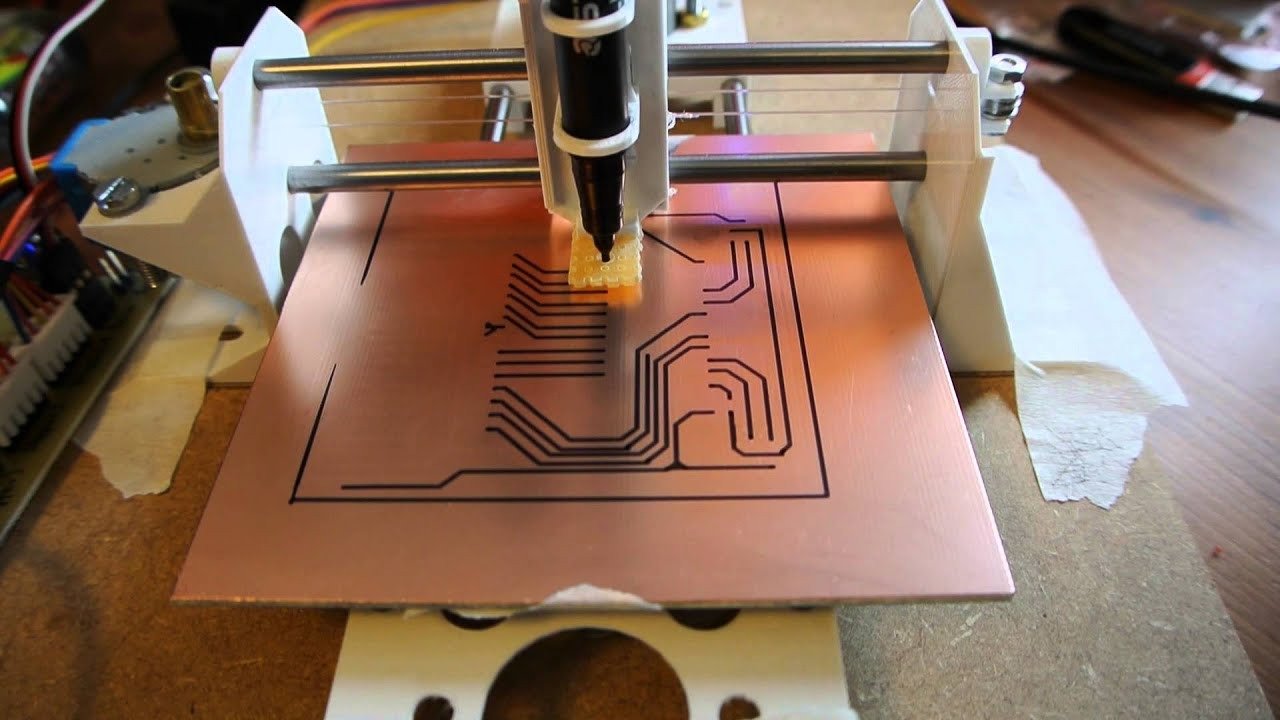 depicting the process of creating PCB photographic films using a laser photoplotter, illustrating the precision involved in transferring circuit designs onto film templates.