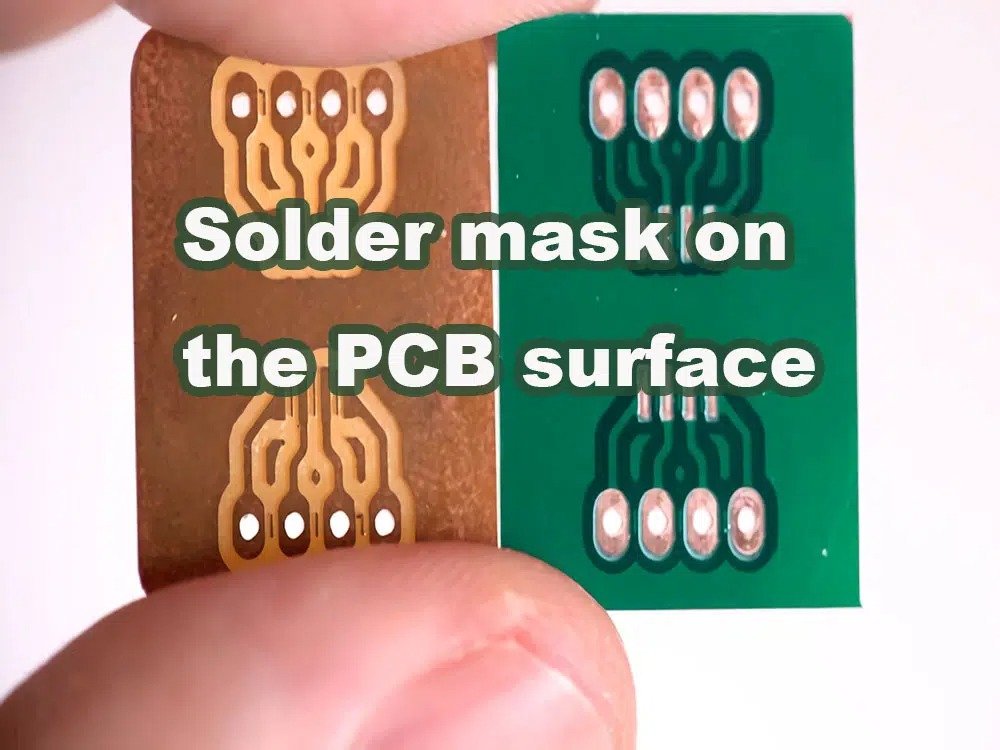 Depiction of the PCB solder mask application process, showing the application of liquid epoxy solder mask and UV exposure through a solder mask film.
